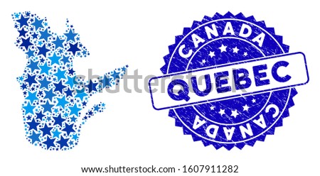 Blue Quebec Province map mosaic of stars, and scratched rounded stamp seal. Abstract territorial plan in blue color tinges. Vector Quebec Province map is created of blue stars.