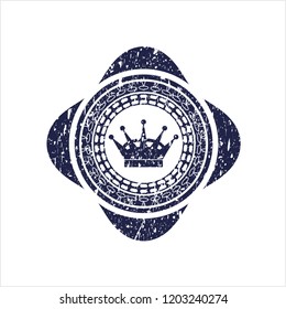 Blue queen crown icon inside distressed rubber stamp with grunge texture