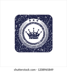 Blue queen crown icon inside distressed with rubber seal texture