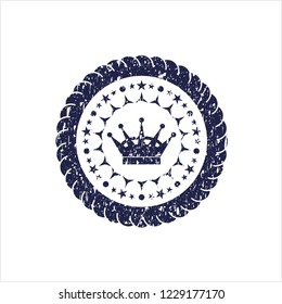 Blue queen crown icon inside distressed rubber grunge texture stamp