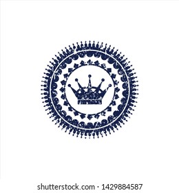 Blue queen crown icon inside distressed rubber grunge stamp