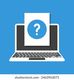 blue question mark displayed on laptop screen, help desk or knowledge base pictogram, flat design vector illustration