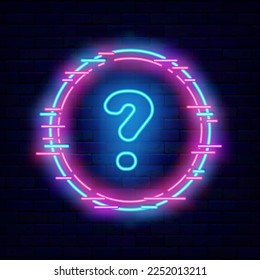 Blue question mark neon icon. Cyber circle frame. Test and exam concept. Quiz design. Shiny banner. Simple pictogram on brick wall. Luminous label. Vector stock illustration