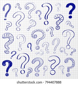 Blue question mark on checked paper background. Vector.	
