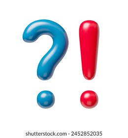 Blue question and red exclamation signs realistic 3d symbols. Glossy exclamation and question punctuation marks, attention signals three-dimensional rendering vector illustration