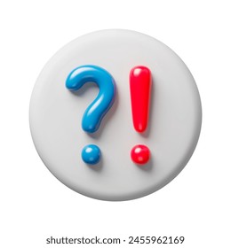 Blue question and red exclamation signs 3d realistic button. Glossy exclamation and question punctuation marks, attention signals three-dimensional rendering vector illustration