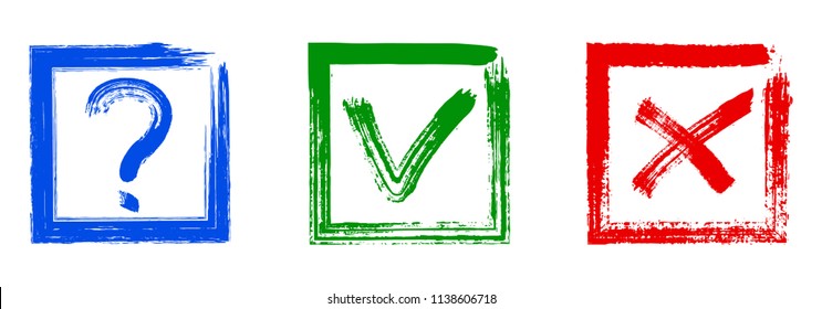 Blue question, red X and green tick check marks, approval signs design. Red X and green OK symbol icons in square check boxes. Check list marks, choice options, test, quiz or survey signs.
