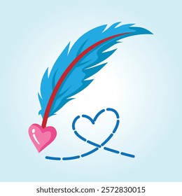 A blue quill pen draws a pink heart, symbolizing love and affection.  It's a simple yet beautiful illustration.