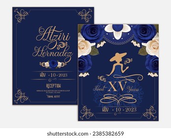 Blue quinceanera invitation, celebration, birthday party, charro. fifteen years