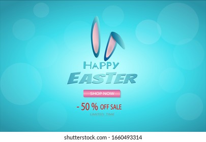 Blue rabbit ears above the sale sign, on a blue background, the concept of a modern Easter.