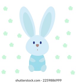 Blue rabbit and green flowers on white background .Flat style illustration 