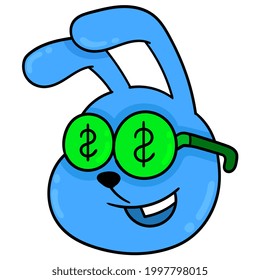 cabeza de conejo azul con tacaño de billete de dólar, emoticono de cartón de ilustración vectorial. dibujo de icono de garabato