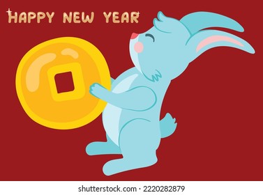 Blue rabbit holding a coin. Chinese new year. Hand drawn vector illustration. Suitable for website, stickers, postcards.