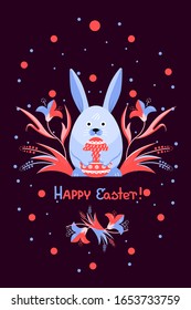 Blue rabbit holding an Easter egg, surrounded by flowers. Easter greetings. In blue and pink on a maroon background. For postcard, poster, story design. Vector image, in cartoon style.