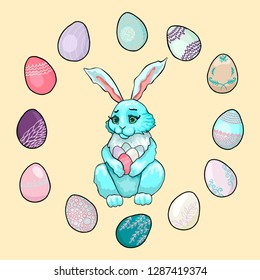 Blue rabbit holds in the paws of an easter pink egg. Around a circle of different bright eggs