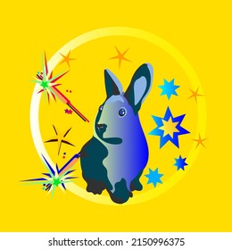 Blue rabbit on an abstract yellow background with fireworks and stars. Vector holiday illustration for a banner, postcard or clothing print.