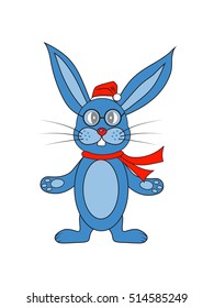 blue rabbit on a white background with a scarf