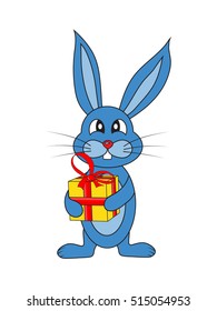 blue rabbit on a white background with a gift