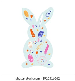 Blue rabbit silhouette with small elements in Scandinavian 
 folk style. Vector illustration of the Easter bunny