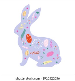 Blue rabbit silhouette with small elements in Scandinavian folk style. Vector illustration of an Easter bunny