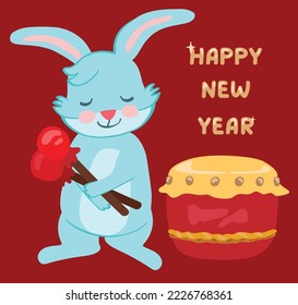 Blue rabbit standing near drum and holding drumsticks. Chinese new year. Hand drawn vector illustration. Suitable for website, stickers, postcards.