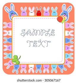 Blue Rabbit and Strawberry - cute frame with rabbits family. Cartoon rabbits vector illustration.  Square pink border with sewing edge and cute animals. As banner, sticker ,birthday card, invitation.