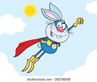 Blue Rabbit Superhero Cartoon Character Flying In The Sky. Vector Illustration