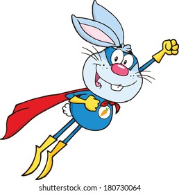Blue Rabbit Superhero Cartoon Character Flying. Vector Illustration Isolated on white