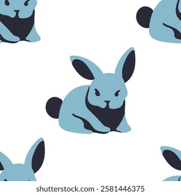 Blue rabbit vector cartoon seamless pattern on a white background.