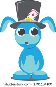 
a blue rabbit wearing a magic hat is seen smiling in action