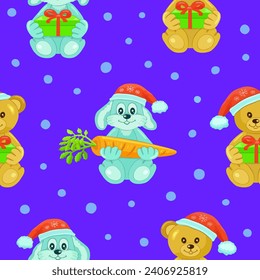 Blue rabbits and beige bears in a red cap with a carrot and a gift on a purple background with snow. Seamless pattern. Vector illustration.