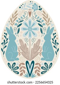 Conejos azules y flores en huevo de Pascua. Plantilla de ilustración rústica escandinava.