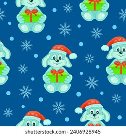 Blue rabbits in a red cap are holding a green gift box with a red ribbon on a blue background with snowflakes. Seamless pattern. Vector illustration.