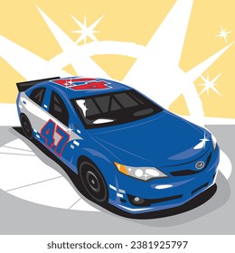 Blue race car three-quarter view with gray and yellow background.