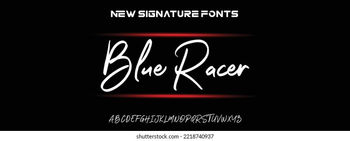 Blue Racer Hand gezeichnet kalligrafische Vektormonoline Schriftart. Signaturbriefe für Notfälle. Moderner Schriftzeichen-Kalligrafietyp. ABC Typografie lateinische Beschriftung Alphabet.