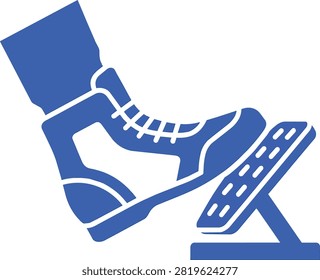 Blue racing boot pressing car pedal icon. Factual speed and driving symbol.