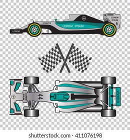 Blue Racing Car Isolated On Checkered Background. Formula One, Top View And Side View.  Vector Illustration