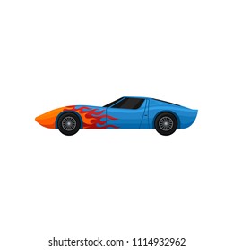 Blue racing car with red-orange flame decal. Cool sports automobile with tinted windows. Extreme auto sport. Flat vector for mobile game