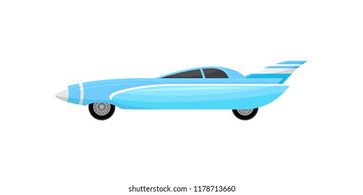 Blue racing car with silver stripes. Vintage sports automobile. Vehicle with tinted windows and spoiler. Flat vector design