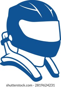 Blue racing helmet icon with head and neck safety restraint system for motorsports.