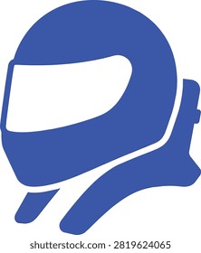 Blue racing helmet with neck restraint safety gear icon.