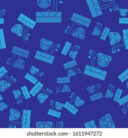 Blue Racing simulator cockpit icon isolated seamless pattern on blue background. Gaming accessory. Gadget for driving simulation game.  Vector Illustration