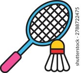 Blue racket design, pink handle grip, yellow shuttlecock birdy, racquet flat art.