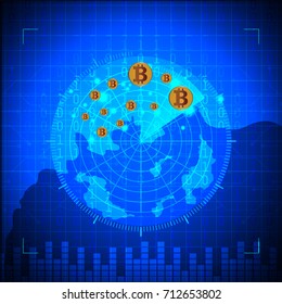 Blue radar, bitcoin digital currency, futuristic digital money concept