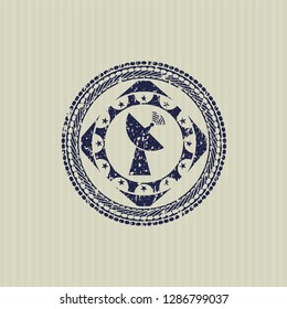 Blue radar icon inside distress rubber seal with grunge texture