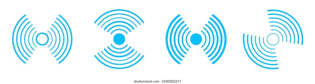 Blue radar icon set. Connection, wi-fi sonar sound waves icon collection