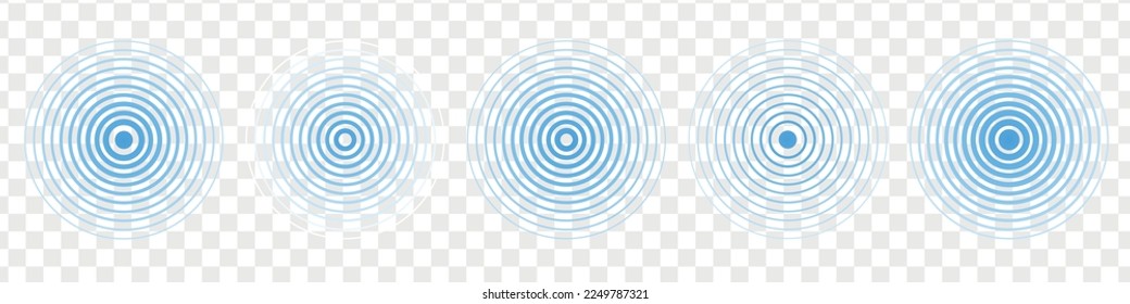 Blue radar icons. Signal concentric circles. Sonar sound waves. Sound radar. Vector illustration isolated on white background
