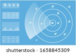 Blue Radar Monitor. Air Traffic Control Radar screen and plane that is flying in the screen. background is a world map. Vector illustration eps10