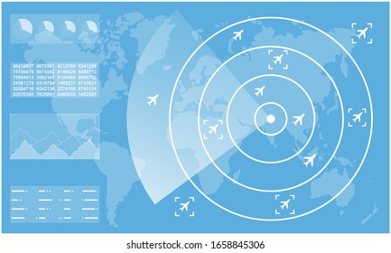 Monitor de radar azul. Pantalla del radar de control del tráfico aéreo y el avión que está volando en la pantalla. fondo es un mapa mundial. Pos10 de ilustración del vector