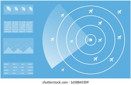 Blue Radar Monitor. Air Traffic Control Radar Screen And Plane That Is Flying In The Screen. Background Is A World Map. Vector Illustration Eps10